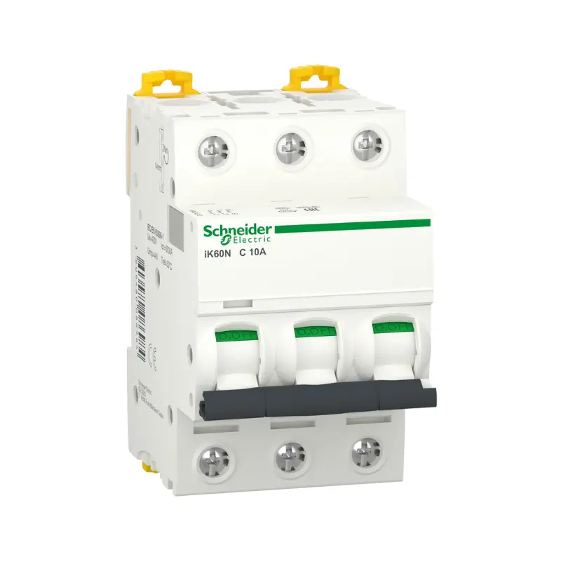شنايدر A9K24310، قاطع كهرباء مصغر، ثلاثة أقطاب، 10 أمبير، Acti9 iK60N، منحنى C، قدرة فصل 6000 أمبير (IEC 60898-1)