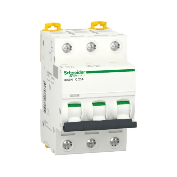 شنايدر A9K24325، قاطع كهرباء مصغر، ثلاثة أقطاب، 25 أمبير، Acti9 iK60N، منحنى C، قدرة فصل 6000 أمبير (IEC 60898-1)