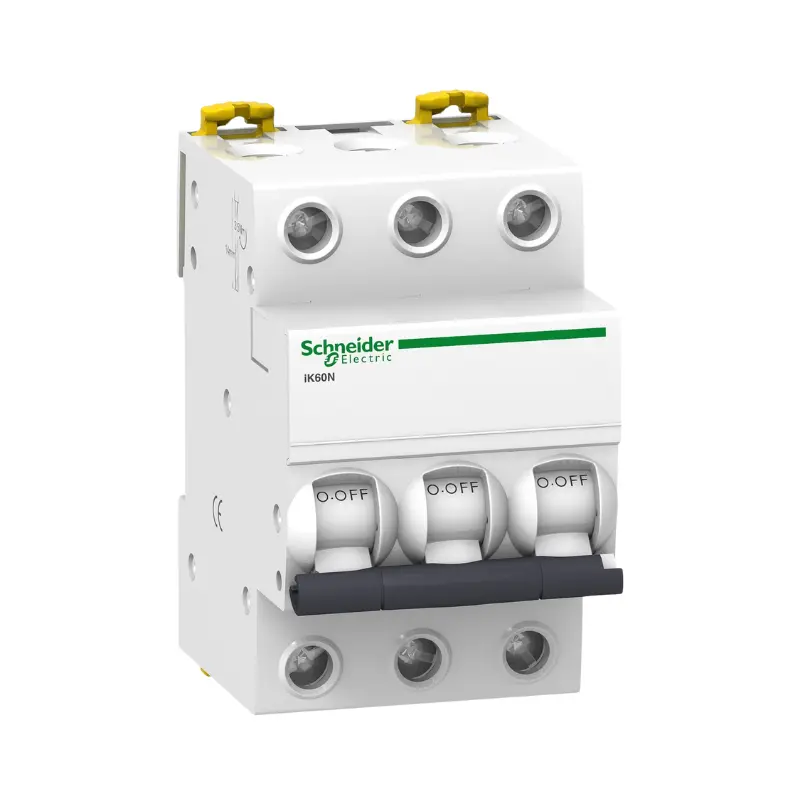 شنايدر A9K24363، قاطع كهرباء مصغر، ثلاثة أقطاب، 63 أمبير، Acti9 iK60N، منحنى C، قدرة فصل 6000 أمبير (IEC 60898-1)
