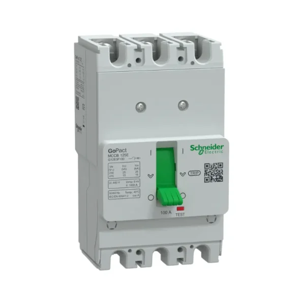 شنايدر G12E3F100، قاطع كهرباء، جوباكت MCCB 125، مفتاح ثلاثي الأقطاب، 100 أمبير، 15 كيلو أمبير عند 415 فولت تيار متردد، وحدة فصل TMD، حماية حرارية ثابتة