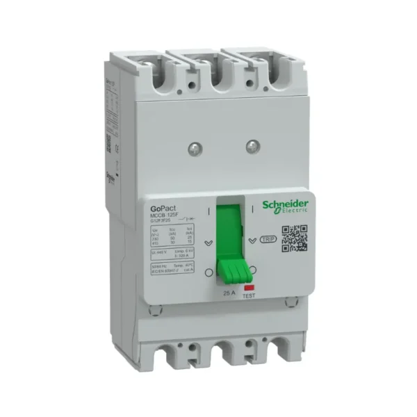 شنايدر G12F3F25، قاطع كهرباء، مفتاح ثلاثي القطب، 25 أمبير، 30 كيلو أمبير عند 415 فولت تيار متردد، GoPact MCCB 125، وحدة فصل TMD، حماية حرارية ثابتة