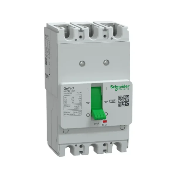 شنايدر G12F3F50، قاطع كهرباء، مفتاح ثلاثي القطب، 50 أمبير، 30 كيلو أمبير عند 415 فولت تيار متردد، MCCB GoPact 125، وحدة فصل TMD، حماية حرارية ثابتة