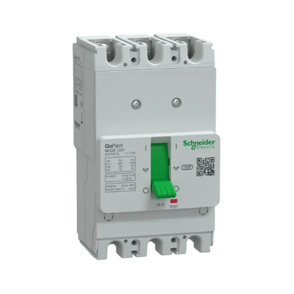 شنايدر G12T3F16، قاطع كهرباء، مفتاح ثلاثي القطب، 16 أمبير، 10 كيلو أمبير عند 415 فولت تيار متردد، MCCB GoPact 125، وحدة فصل TMD، حماية حرارية ثابتة