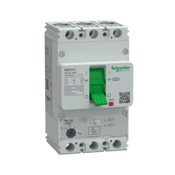 شنايدر G20B3A200، قاطع دائرة، 3 أقطاب، 200 أمبير، 25 كيلو أمبير عند 415 فولت تيار متردد، قاطع دائرة GoPact MCCB 200، وحدة فصل TMD، حماية حرارية قابلة للتعديل