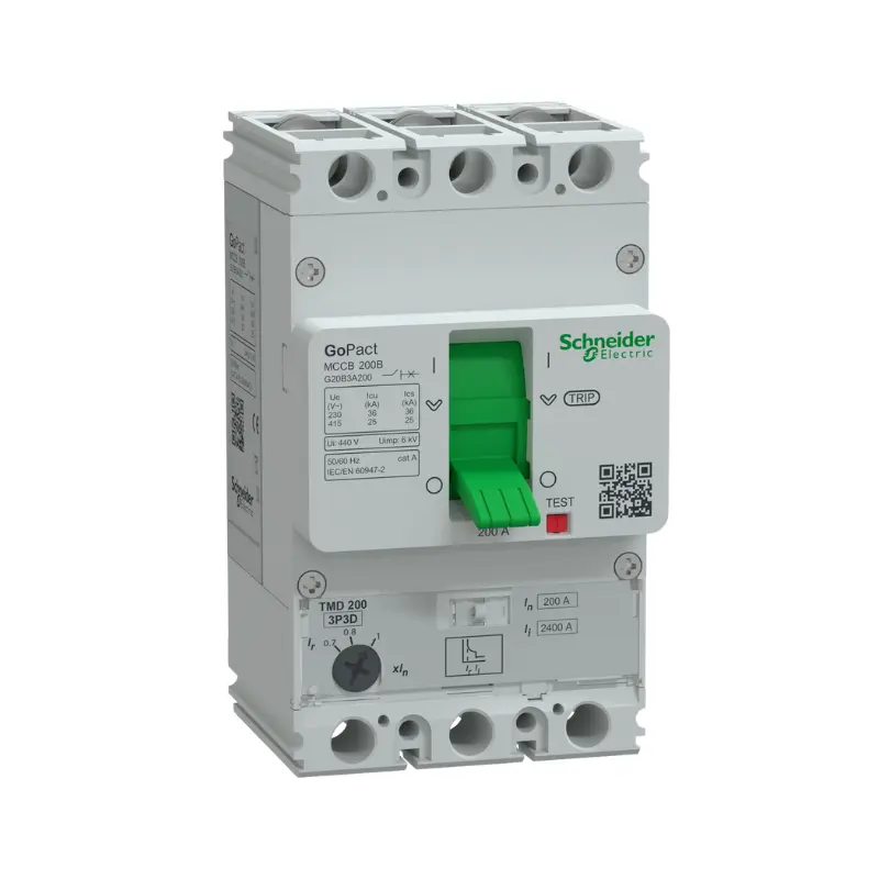 شنايدر G20B3A200، قاطع دائرة، 3 أقطاب، 200 أمبير، 25 كيلو أمبير عند 415 فولت تيار متردد، قاطع دائرة GoPact MCCB 200، وحدة فصل TMD، حماية حرارية قابلة للتعديل