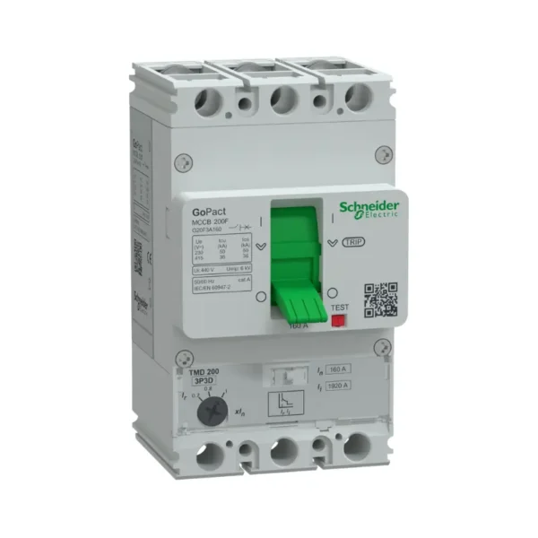 شنايدر G20F3A160، قاطع كهرباء، مفتاح ثلاثي القطب، 160 أمبير، 36 كيلو أمبير عند 415 فولت تيار متردد، GoPact MCCB 200، وحدة فصل TMD، حماية حرارية قابلة للتعديل