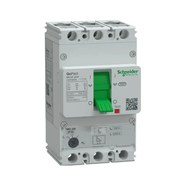 شنايدر G20F3A200، قاطع كهرباء، مفتاح ثلاثي القطب، 200 أمبير، 36 كيلو أمبير عند 415 فولت تيار متردد، GoPact MCCB 200، وحدة فصل TMD، حماية حرارية قابلة للتعديل