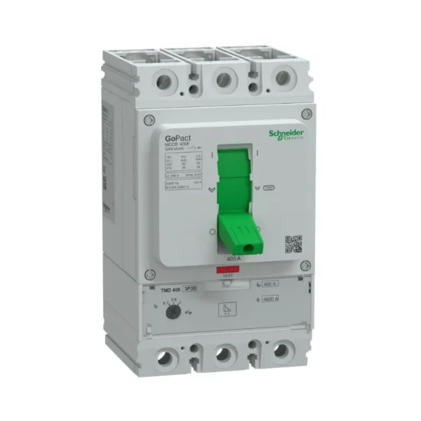 شنايدر G40F3A400، قاطع كهرباء، مفتاح ثلاثي القطب، 400 أمبير، 36 كيلو أمبير عند 415 فولت تيار متردد، GoPact MCCB 125، وحدة فصل TMD، حماية حرارية ثابتة